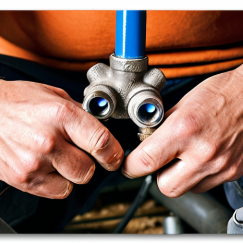 Home 6 **Image Prompt:** A frustrated DIYer on their knees, surrounded by pipe wrenches and fittings, struggling to tighten a hissing gas pipe joint. Focus on the tension in their face and the complexity of the pipe system. Emphasize realistic details like thread sealant smears and scraped knuckles.