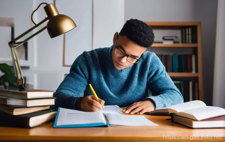 가스 자격증 독학 성공기 - **Prompt:** A focused young adult, casually dressed in a comfortable sweater and jeans, diligently s...