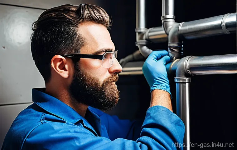 가스 자격증 실기 시험 과목별 비중 분석 - **Prompt:** A focused, professional gas technician, a male in his 30s with a neat beard, wearing a c...