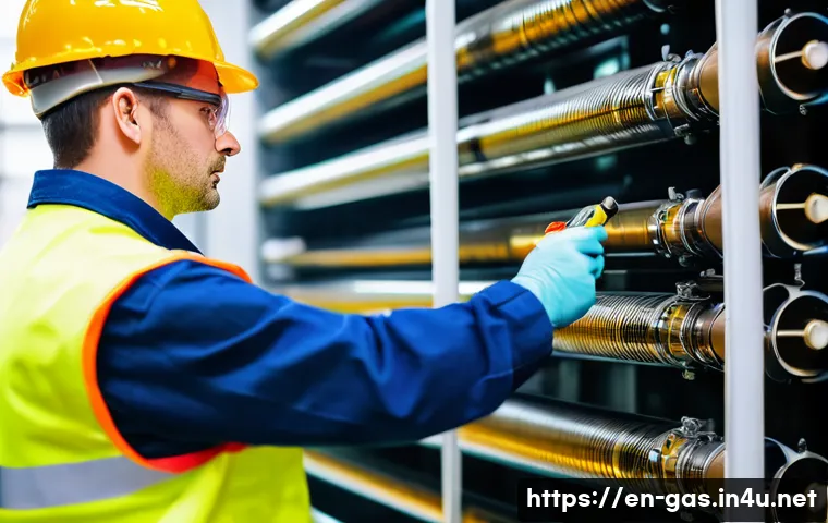 가스 자격증으로 대기업 취업 성공 사례 - A professional male gas technician wearing a high-visibility safety vest and protective gloves, care...