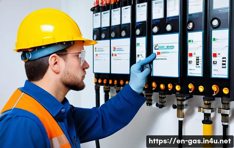 가스 자격증 소지자용 취업 포트폴리오 작성법 - A professional gas technician wearing safety gear including gloves, safety glasses, and a branded un...