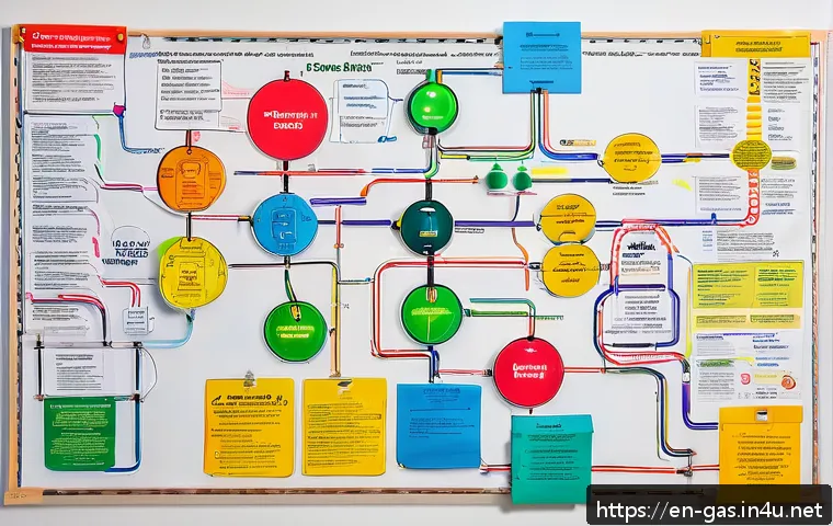 가스 자격증 필기 시험 암기 팁 - A detailed, colorful mind map illustrating the connections between various gas safety codes and proc...