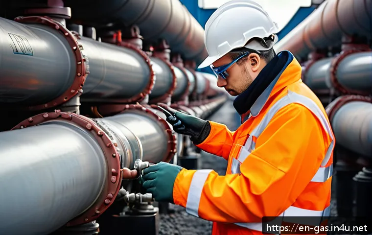 가스 자격증 취득 후 첫 업무 경험 - A professional gas technician wearing safety gear including gloves, a hard hat, and protective glass...